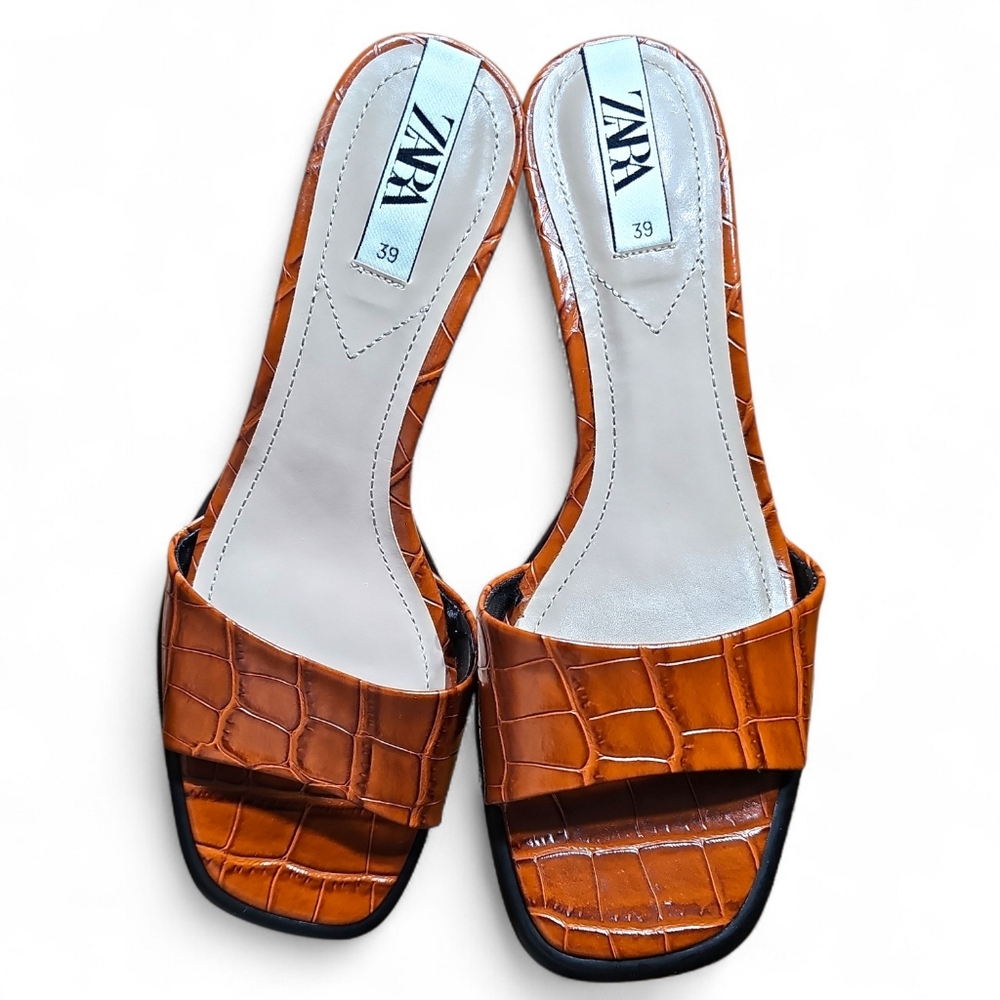 Zara Cognac Tan Croc-Embossed Leather Mule Heels Size 39 (8 US) - Picture 6 of 8